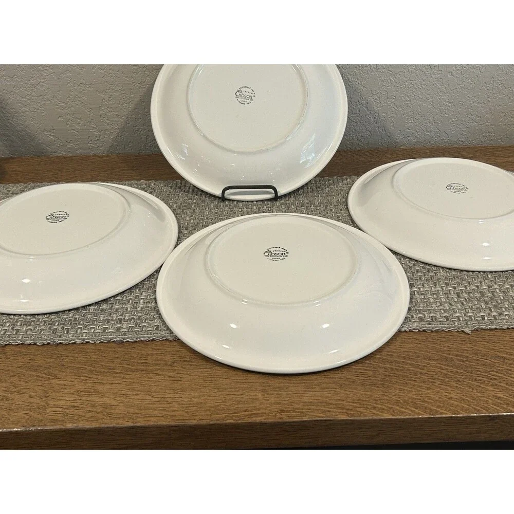Gibson Dahlia Dinner Plates Set Of 4 Yellow Center Cobalt Rim Floral Print 11”
